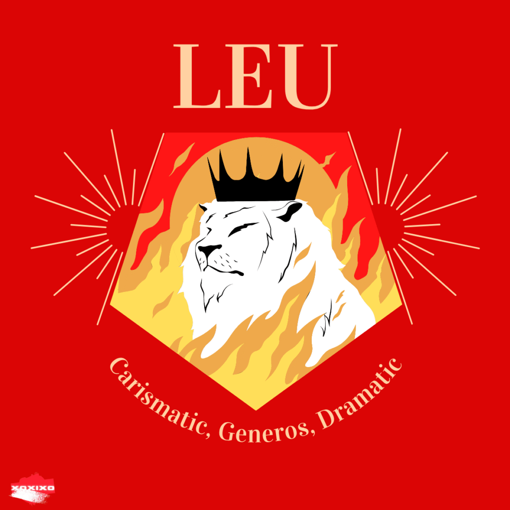 Ilustrație regală pentru Leu: cap de leu alb cu coroană pe fundal roșu cu flăcări și raze aurii.