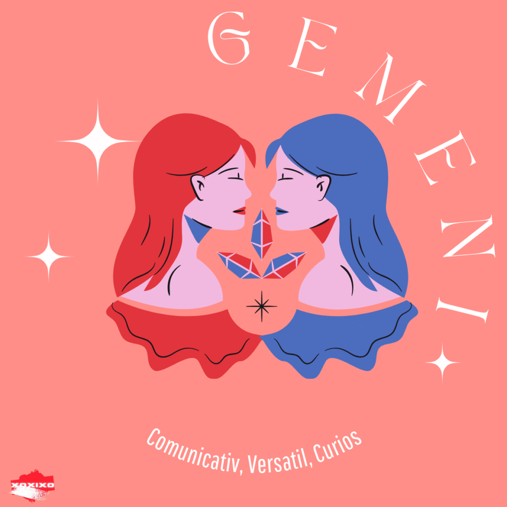 Ilustrație duală pentru Gemeni: două siluete față în față, una roșie și una albastră, ținând un cristal, pe fundal corai cu stele albe.