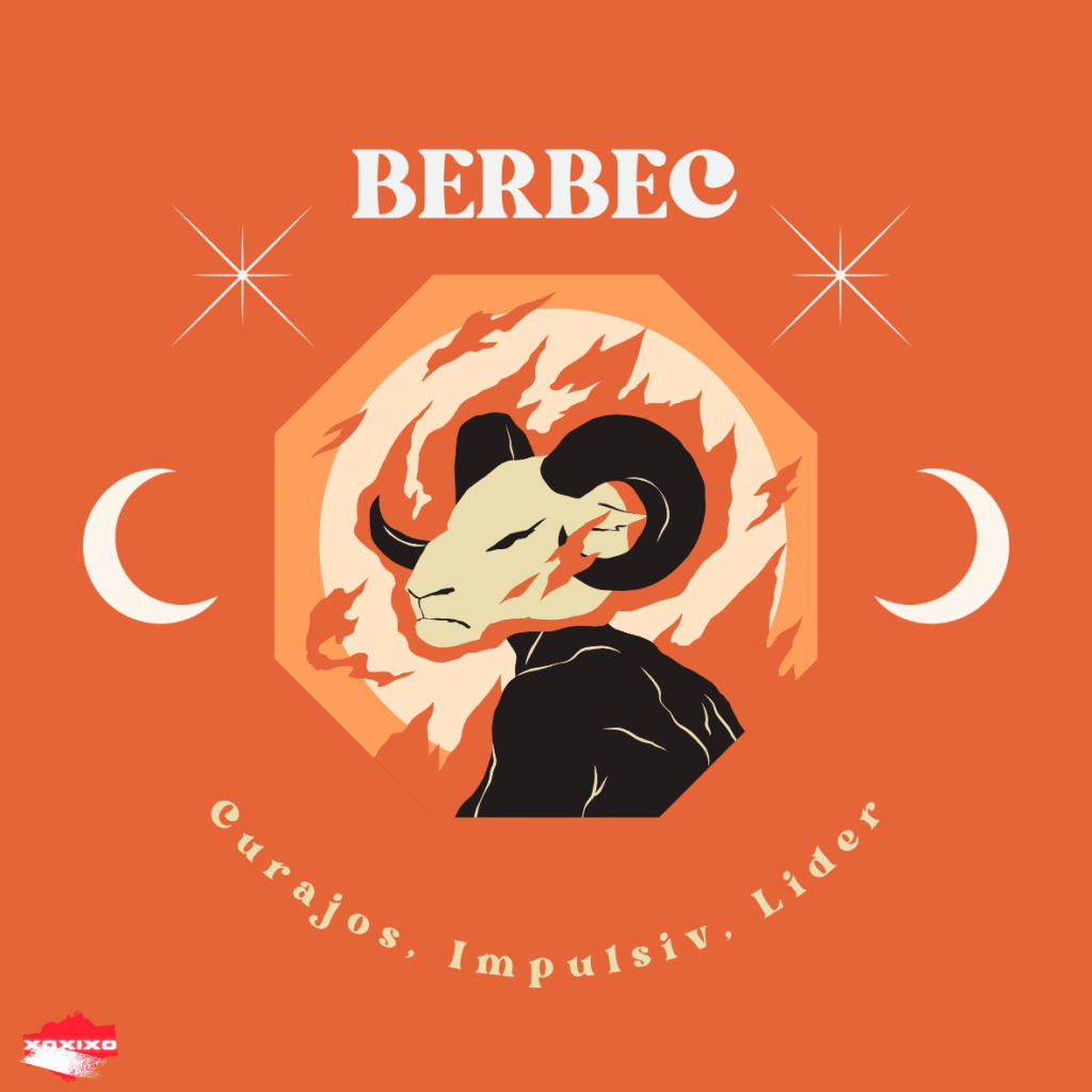 Ilustrație energică pentru Berbec: cap de berbec stilizat cu flăcări, pe fundal portocaliu cu lună și stele albe.