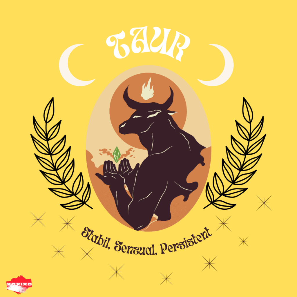 Ilustrație senzuală pentru Taur: siluetă de taur negru ținând o piatră verde, cu spice și lună, pe fundal galben cald.