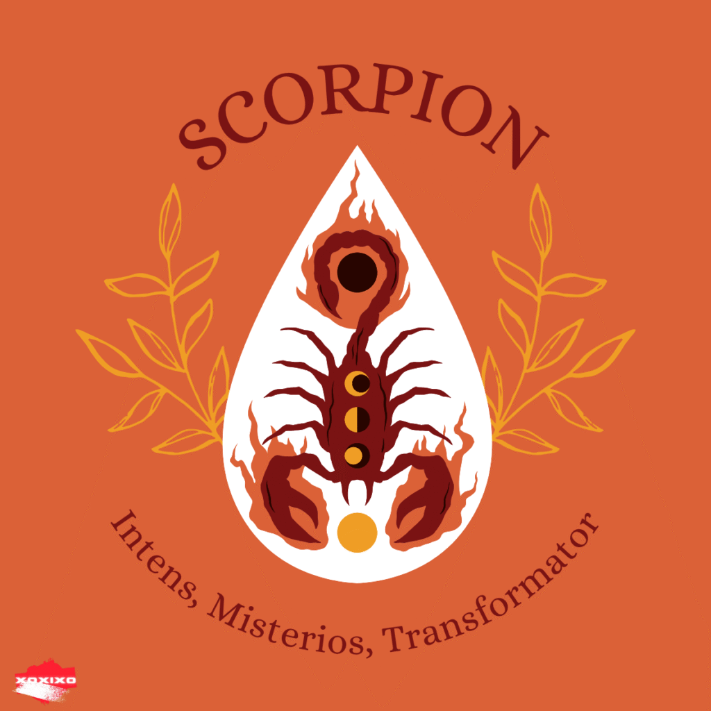 Ilustrație intensă pentru Scorpion: un scorpion stilizat într-o picătură albă pe fundal portocaliu, cu accente de foc și frunze aurii.
