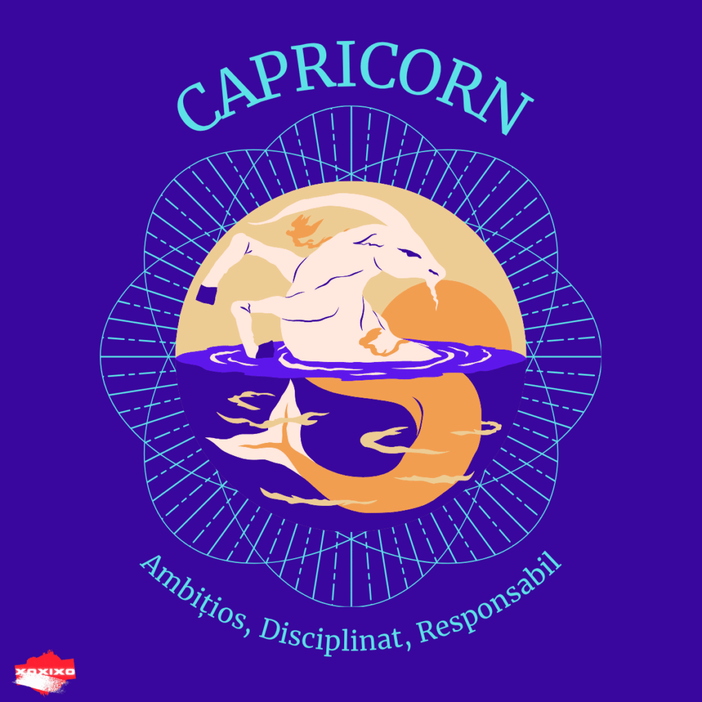 Ilustrație simbolică pentru Capricorn: o țap marină stilizată în cerc cu linii geometrice, pe fundal violet închis.