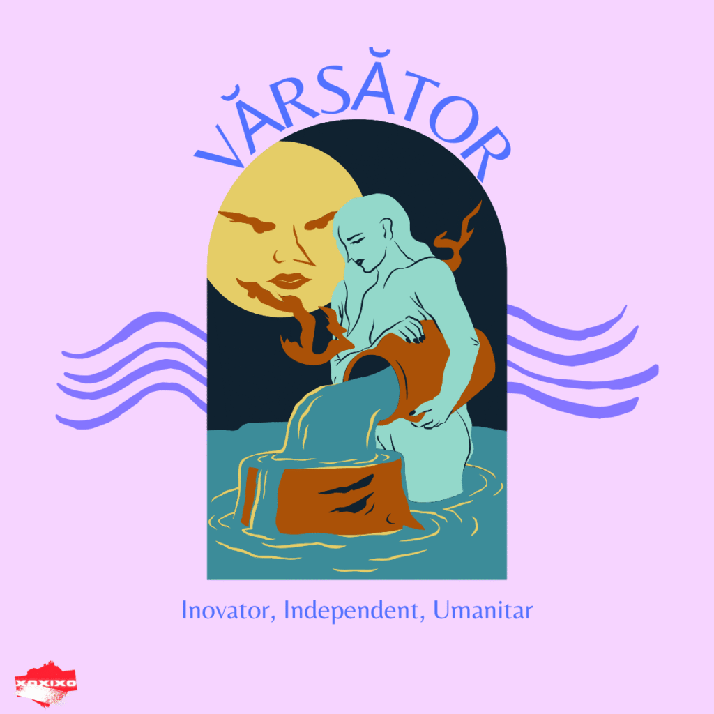 Ilustrație onirică pentru Vărsător: o figură turnând apă din ulcior sub lună plină, cu valuri și flacără, pe fundal lila.