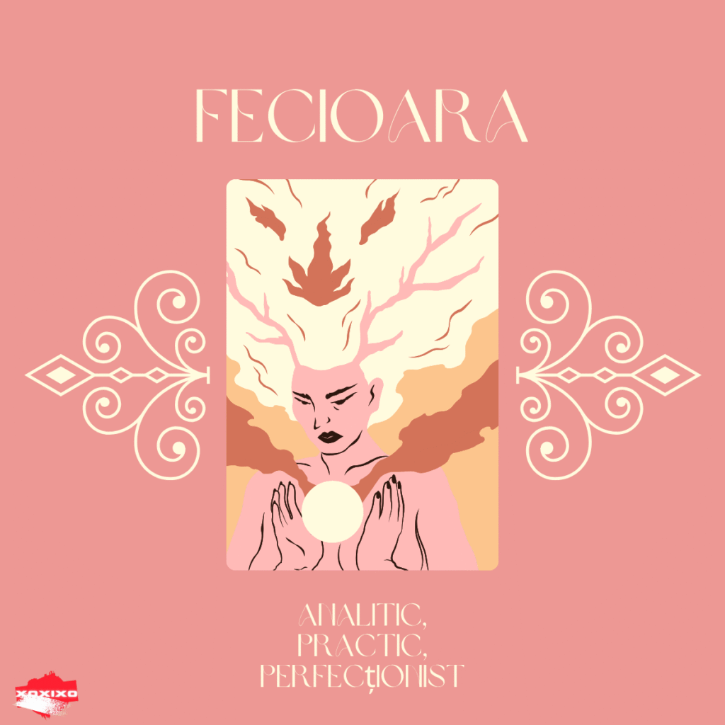 Ilustrație meticuloasă pentru Fecioară: siluetă feminină cu ramuri și frunze în loc de păr, ținând o sferă, pe fundal roz pudrat cu elemente decorative.