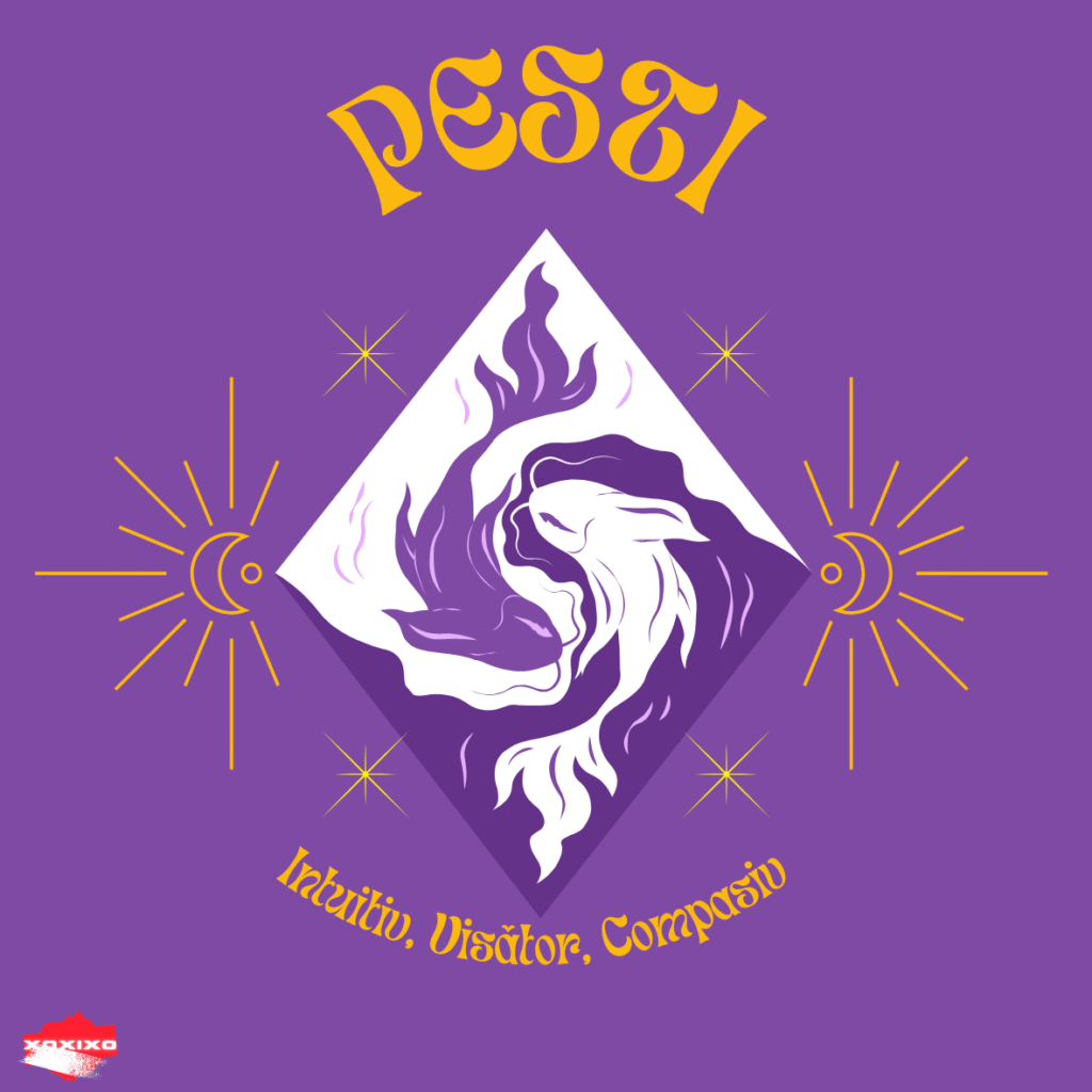 Ilustrație onirică pentru Pești: doi pești stilizați în valuri violet-alb într-un romb, cu accente de stele și raze aurii pe fundal mov.