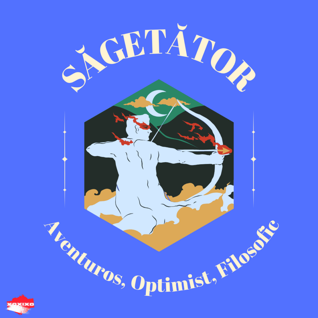 Ilustrație aventuroasă pentru Săgetător: arcaș trăgând o săgeată roșie sub lună verde, pe fundal albastru cu accente de nori și stele.