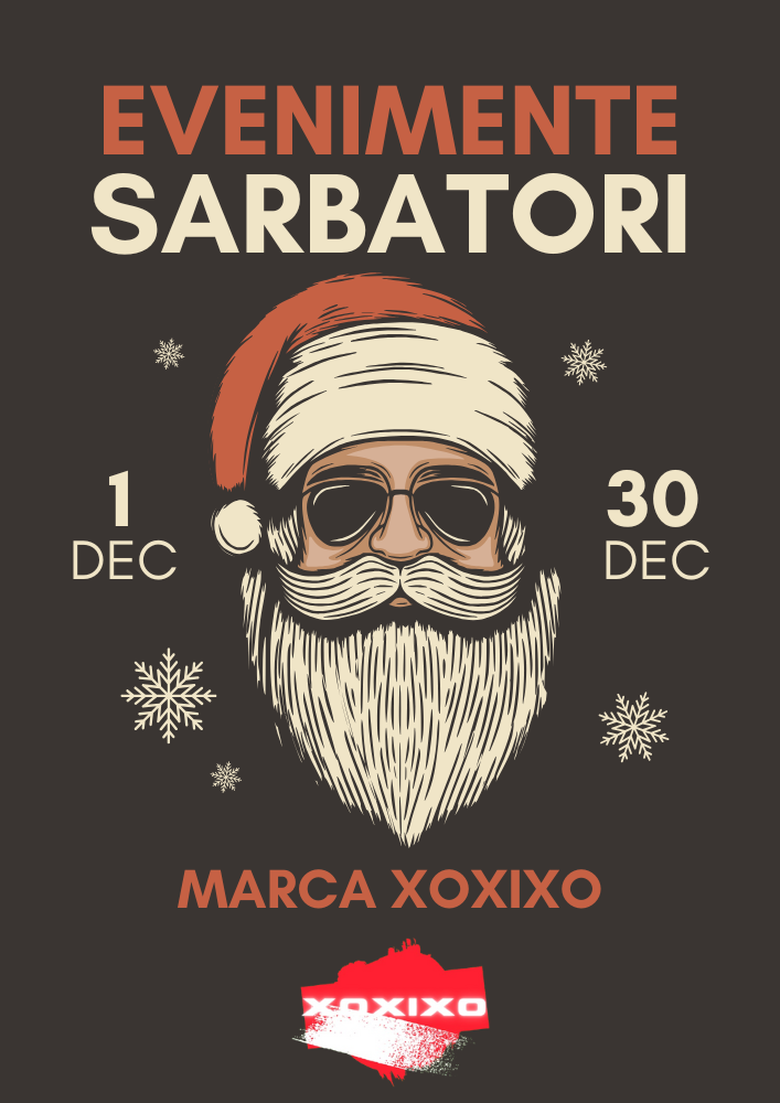 Poster promoțional negru-roșu în stil vintage cu titlul „Evenimente Sărbători” proeminent, Moș Crăciun stylish cu căciulă roșie, ochelari de soare negri și barbă albă, numere „1” și „30 DEC” indicând perioada, fulgi de nea discreți și branding XoXiXo jos, atmosferă mondenă edgy pentru petreceri de Crăciun în București decembrie 2025.