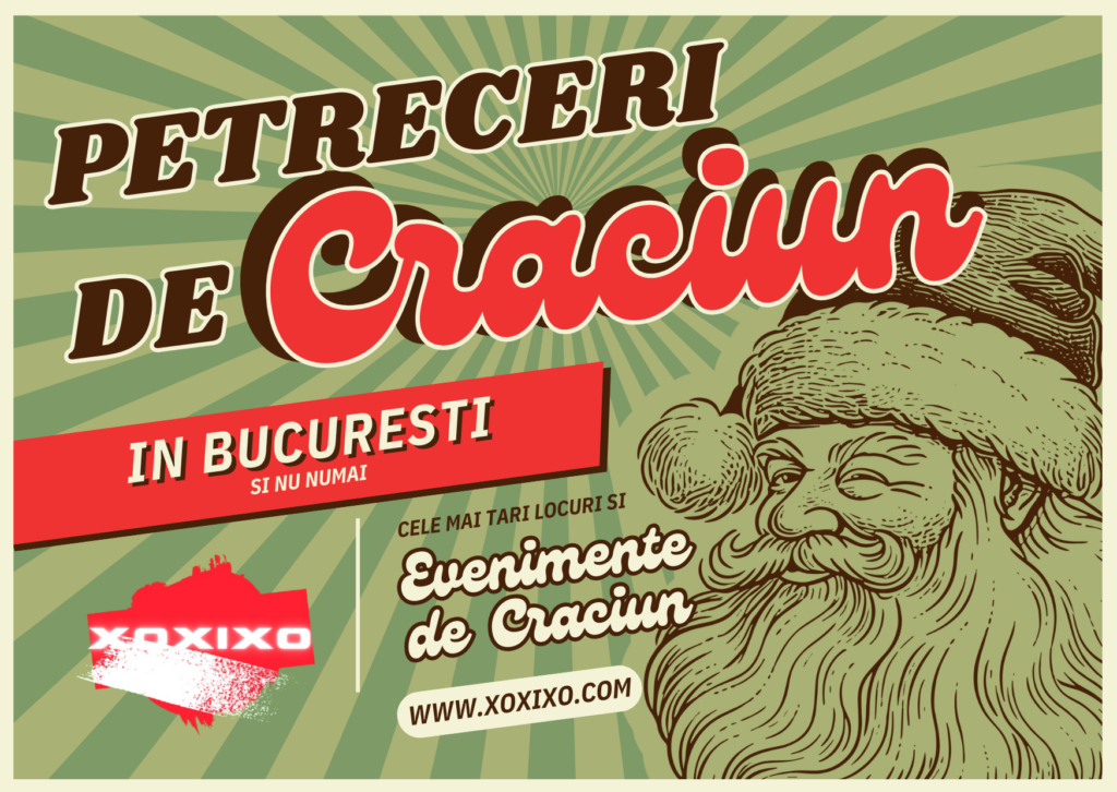 Poster promoțional vintage în tonuri verde și roșu cu text „Petreceri de Crăciun în București” și „Cele mai tari locuri”, Moș Crăciun zâmbăreț cu barbă albă și sac, branding XoXiXo proeminent, fonturi retro pentru evenimente de Crăciun 2025 în cluburi bucureștene, atmosferă caldă și mondenă.