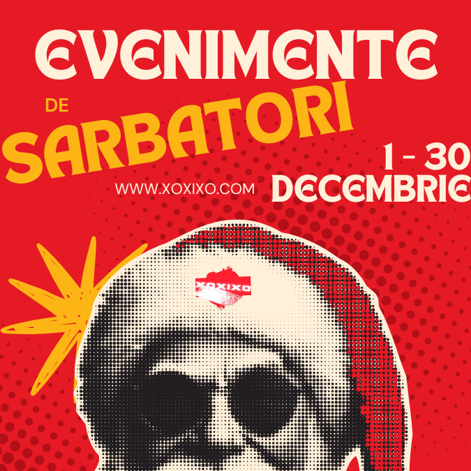 Poster Instagram retro roșu-galben cu text bold „Evenimente de Sărbători 1-30 DEC” și URL www.xoxixo.com, Moș Crăciun minimalist în halftone cu căciulă roșie, branding XoXiXo pe căciulă, stea galbenă radiantă și efecte pop-art pentru promovarea petrecerilor de Crăciun în București pe tot parcursul lunii decembrie.