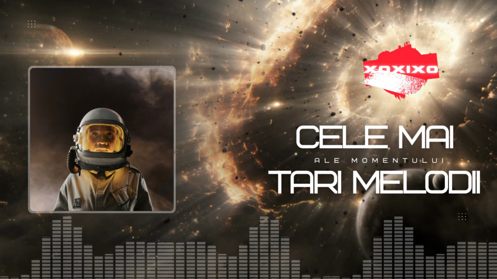 Astronaut în costum spațial cu vizier reflectând nebuloase cosmice și stele, pe fundal galactic vibrant cu planete și explozii stelare, promovând evenimentul „Cele Mai Tari Melodii ale Momentului” la XOXIXO, cu elemente grafice de equalizer și logo-ul clubului.