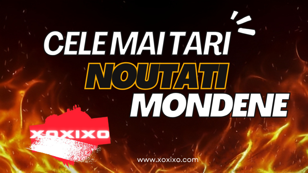 Thumbnail promoțional bold portocaliu-negru pentru "Cele Mai Tari Noutăți Monde", cu fundal exploziv de flăcări portocalii-galbene pe negru, text overlay alb galben masiv "CELE MAI TARI NOUTĂȚI MONDENE !!" sus, "NOUTĂȚI MONDENE" central galben cu umbre, logo România roșu cu stea stânga jos, graffiti XOXOXO galben și URL www.xoxoxo.com dreapta jos.