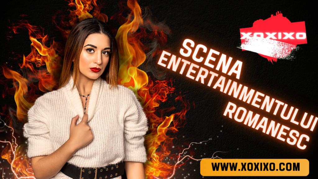 Această imagine captivantă promovează analiza completă a scenei entertainmentului românesc în 2026, cu o vedetă feminină carismatică simbolizând energia explozivă a starurilor pop precum Inna și Antonia. Fundalul dinamic cu foc și efecte vizuale intense reflectă pasiunea showbizului, perfectă pentru fani de cancan și vedete autentice. Explorează succesul lui Sebastian Stan, hiturile Nicole Cherry și concertele Metallica sold-out în articolul asociat.