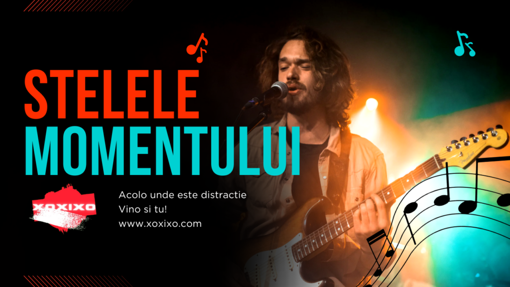 Interpret cântând pasionat la chitară electrică pe scenă la evenimentul Stelele Momentului organizat de XOXIXO, cu fundal luminos portocaliu și elemente grafice muzicale, promovând distracție live în București.