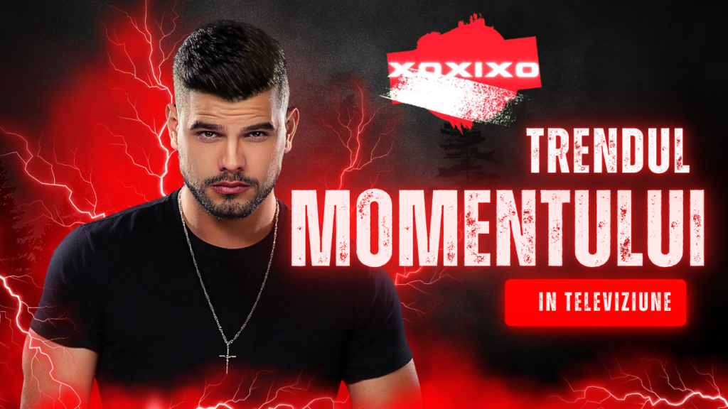 Thumbnail promoțional dinamic roșu-negru pentru "Trendul Momentului în Televiziune", cu bărbat brunet bărbos atrăgător în prim-plan privind intens, îmbrăcat în tricou negru cu lănțișică și cruce, fundal exploziv cu fulgere roșii și efecte graffiti, text overlay alb bold "XOXOXO TRENDUL MOMENTULUI IN TELEVIZIUNE" și logo XOXOXO roșu stânga sus.